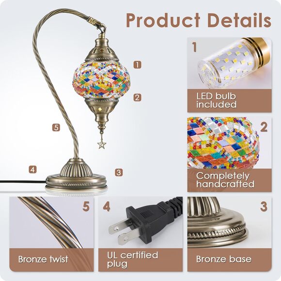 Turkish Moroccan Mosaic Lamp Swan Neck Tiffany Style Glass Bedside Light - Picture 5 of 7